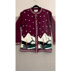 Vtg Knit Cardigan Winter cabin Scene Buttons Embroidered M cottagecore